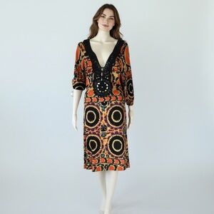 Max Azria Runway Orange and Navy Midi Dress w/Plunging Neckline and Puff Sleeves
